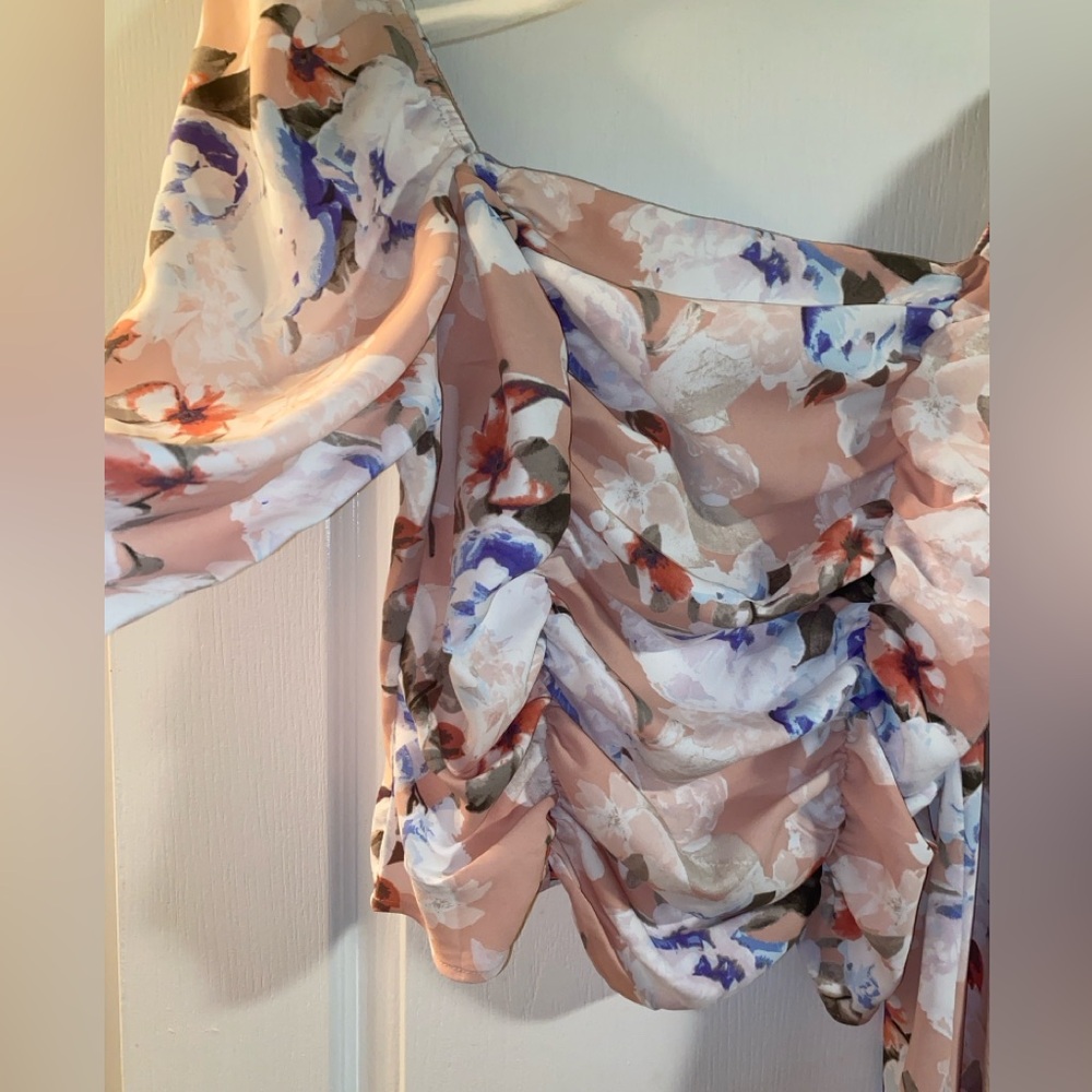 Express Floral Print Ruched Puff Sleeve Square Neck Off Shoulder Top Large - Picture 8 of 12